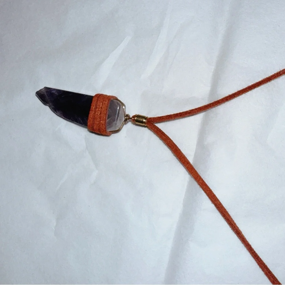 Crystal Pendant Necklace with‎ Brown Cord